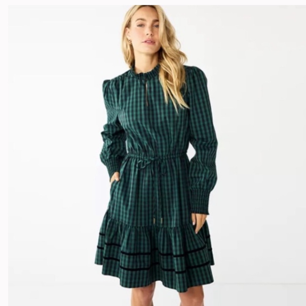 Draper James RSVP XL Green Black Gingham Plaid Tiered Ruffle Dress Preppy